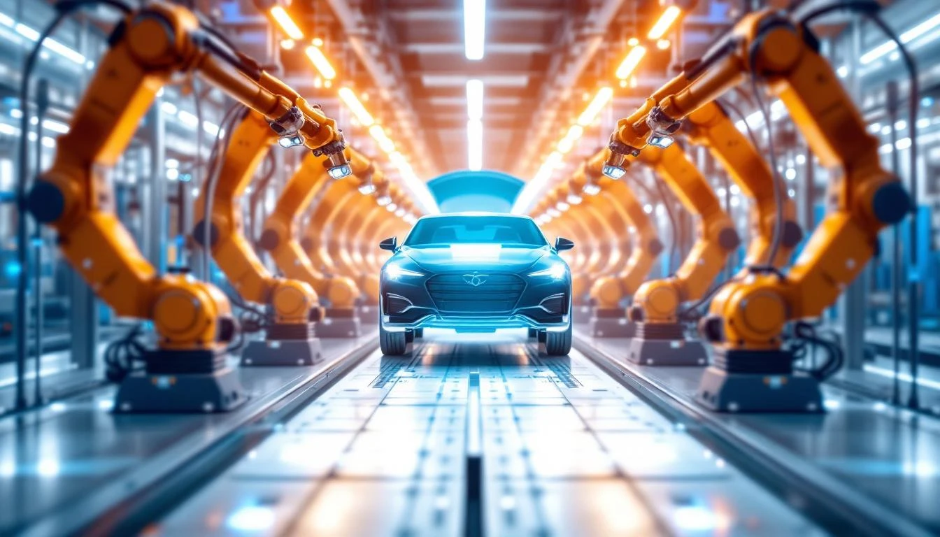 Automotive manufacturing assembly line with robotic arms and IoT sensors monitoring quality and performance