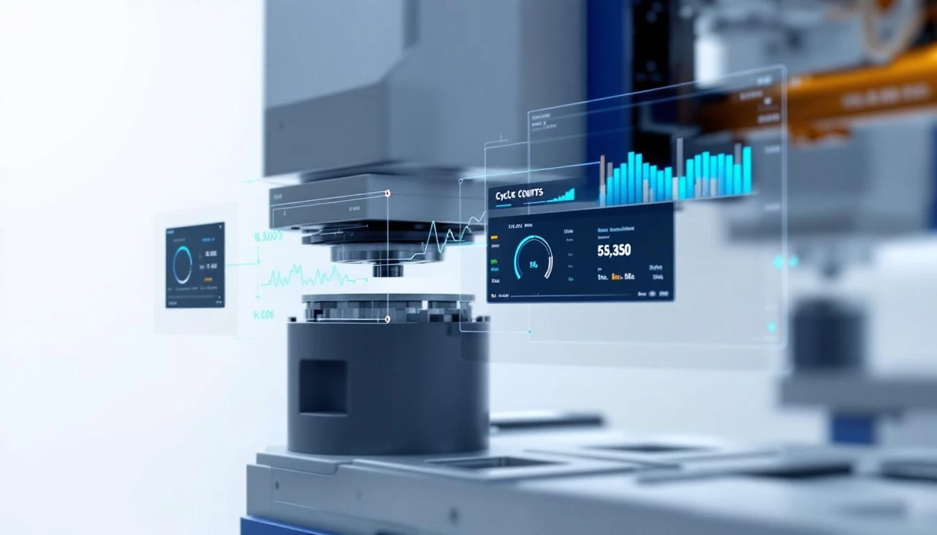 Stamping press machine with real-time digital monitoring overlay showing cycle counts and performance metrics