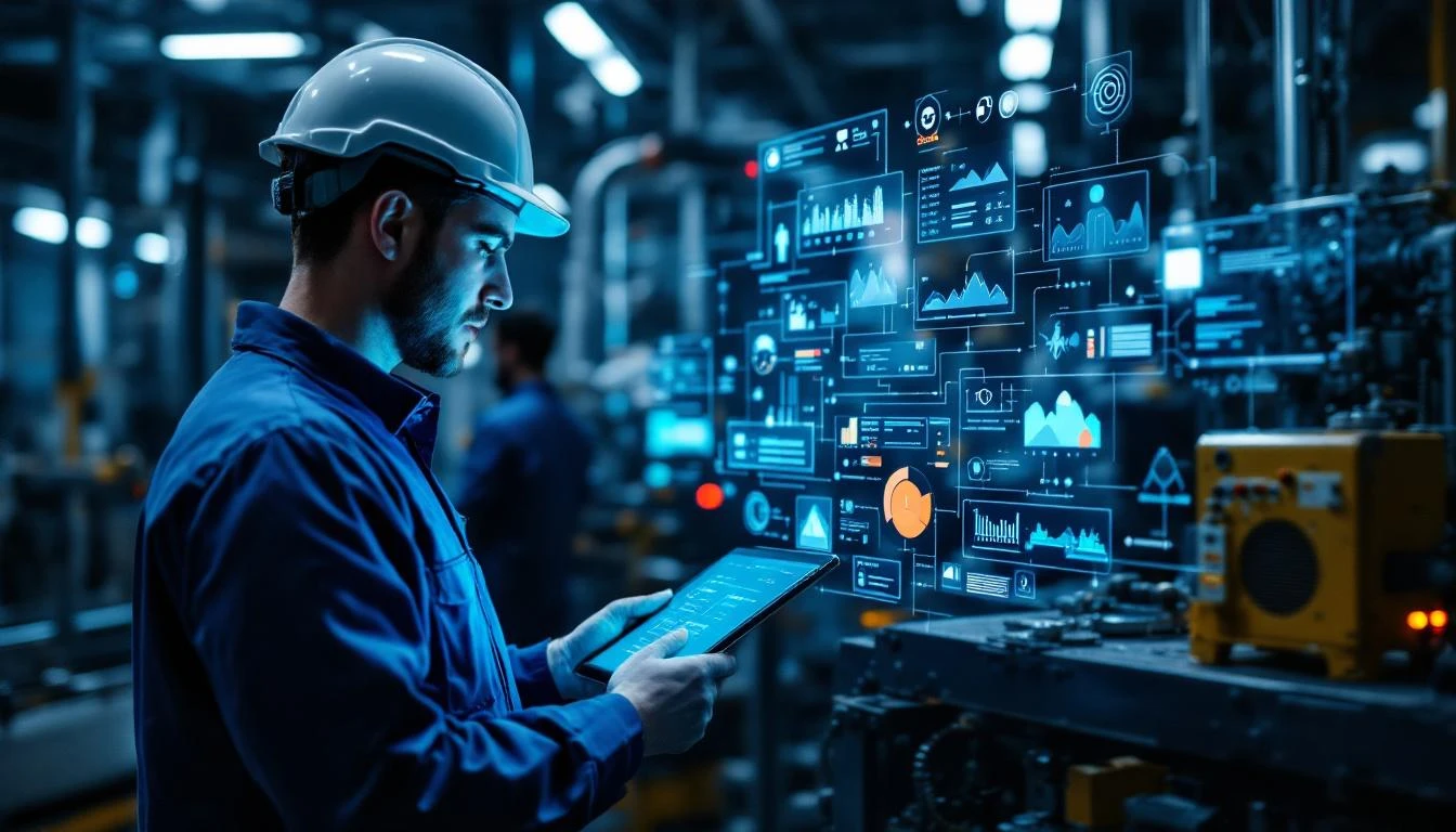 Factory worker performing autonomous maintenance guided by IIoT data on tablet