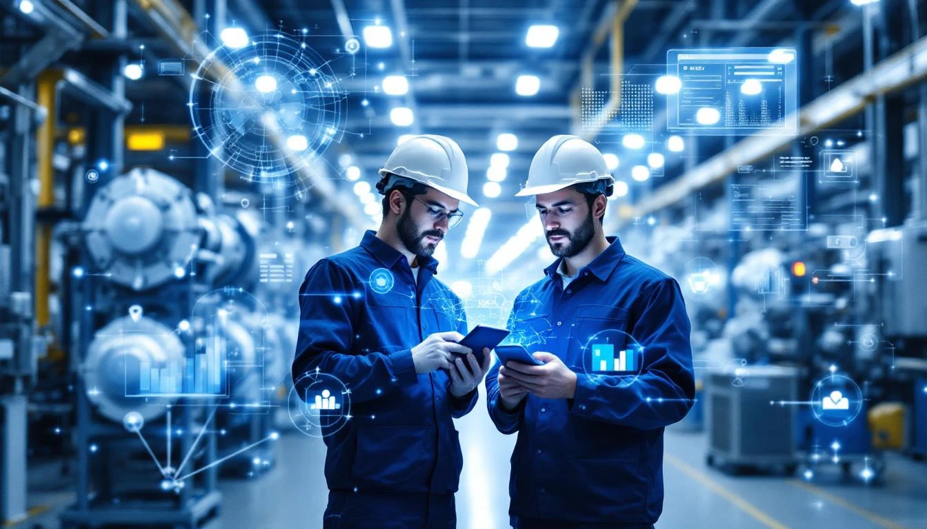 Factory maintenance team using mobile devices guided by IIoT equipment data