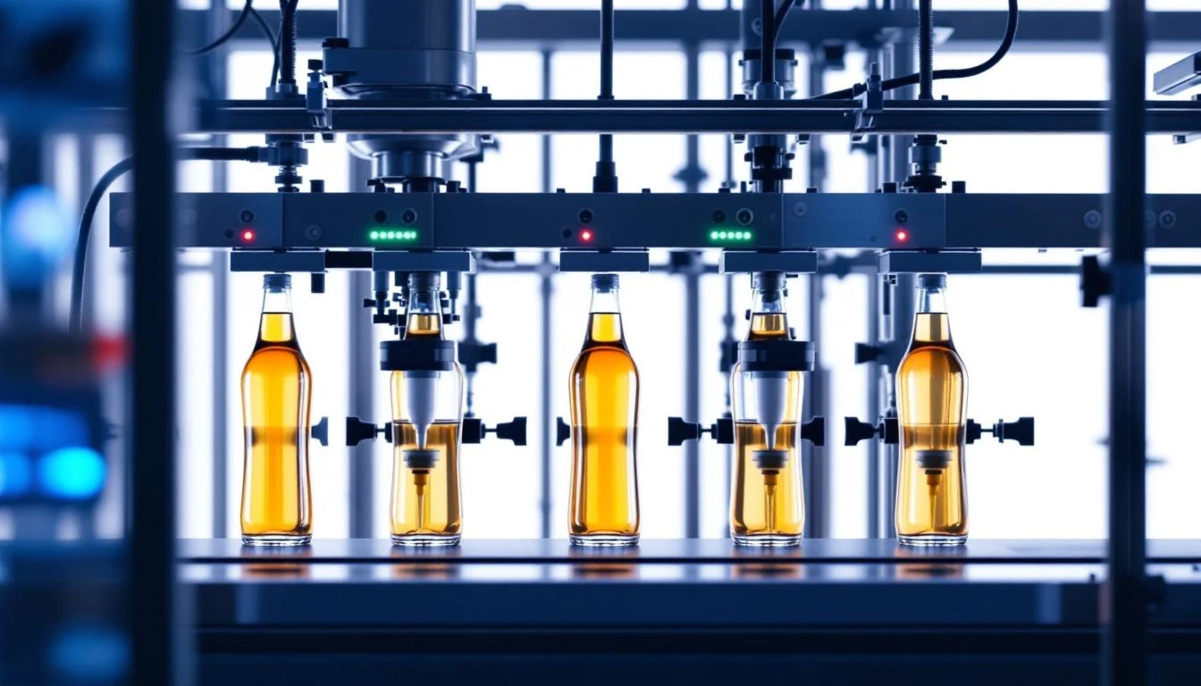 Beverage bottling production line with IoT sensors monitoring fill levels and quality metrics