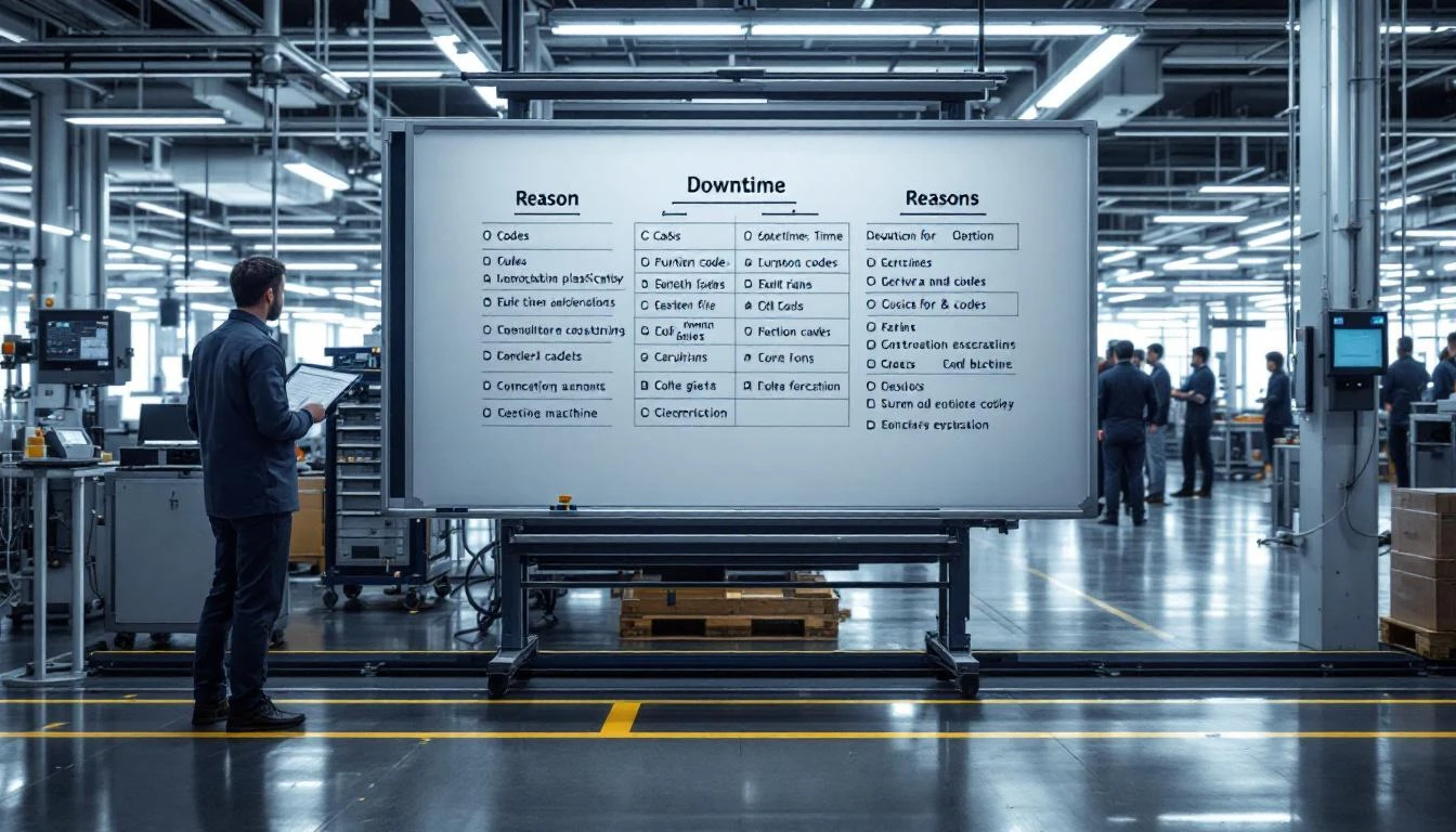 Factory floor with machine downtime reason code classification system