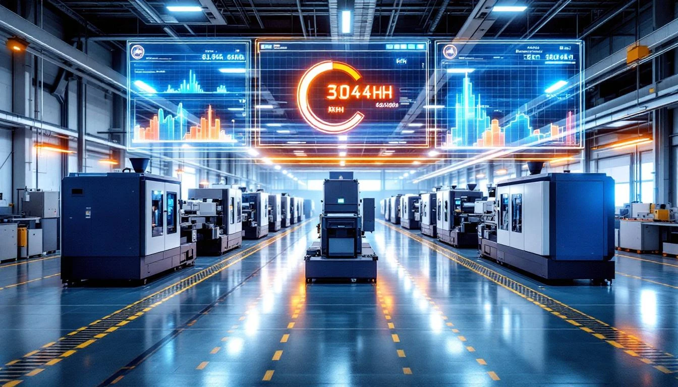 Energy monitoring dashboard showing per-machine power consumption across a plastics factory floor