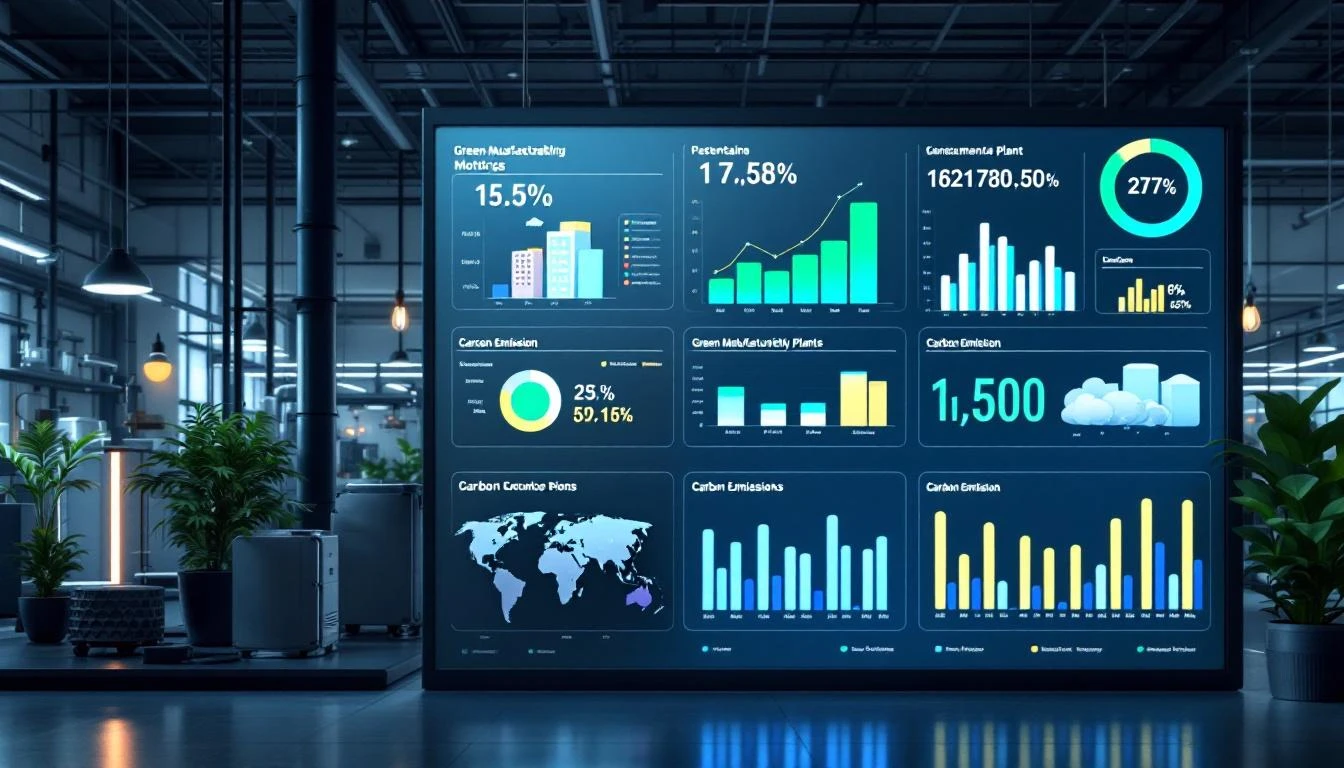 Green manufacturing plant with environmental sustainability metrics and carbon monitoring