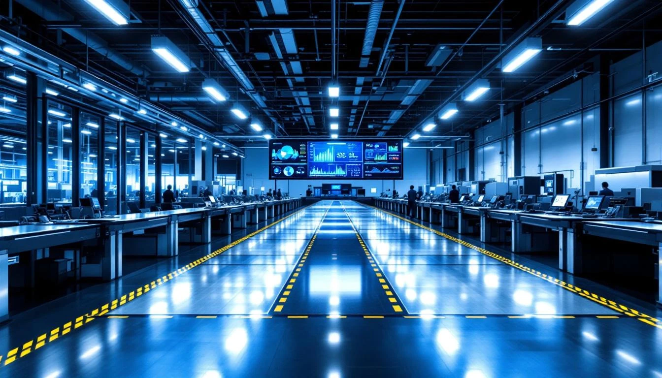 Factory floor with multiple production lines and centralized monitoring screens showing performance data