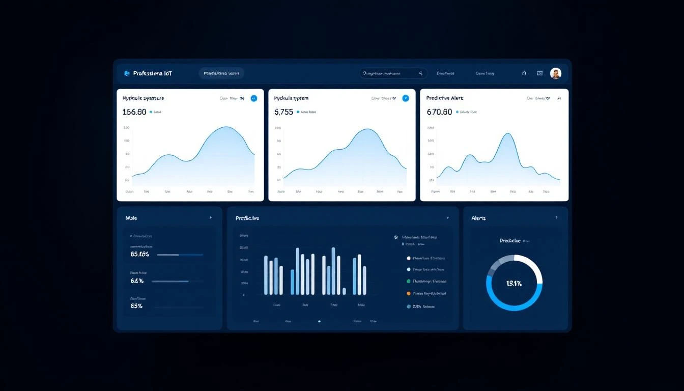 IoT monitoring dashboard showing hydraulic system pressure curves and predictive alerts