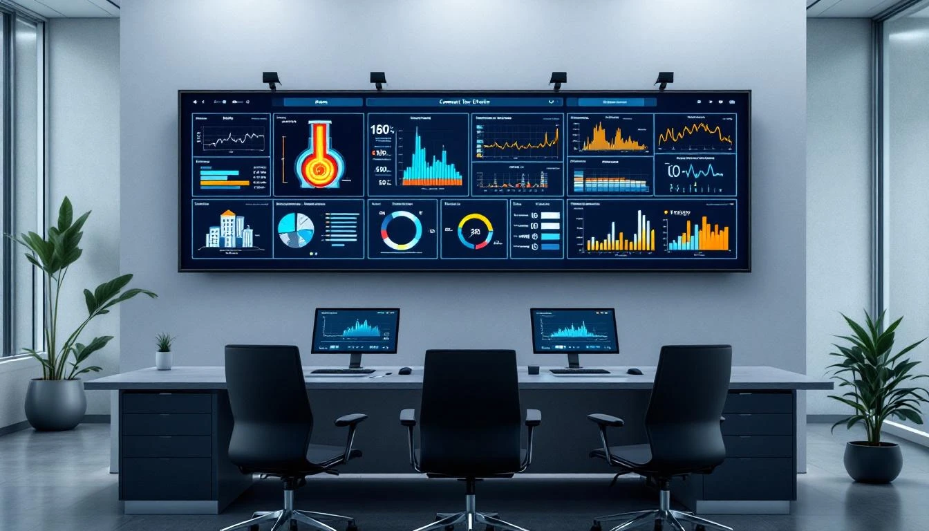 Cement plant control room with real-time monitoring dashboards