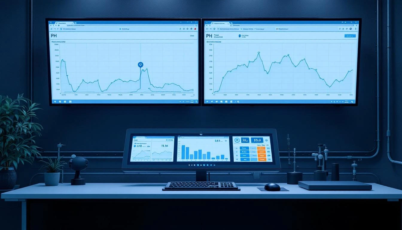 Water treatment control room with real-time IoT monitoring screens
