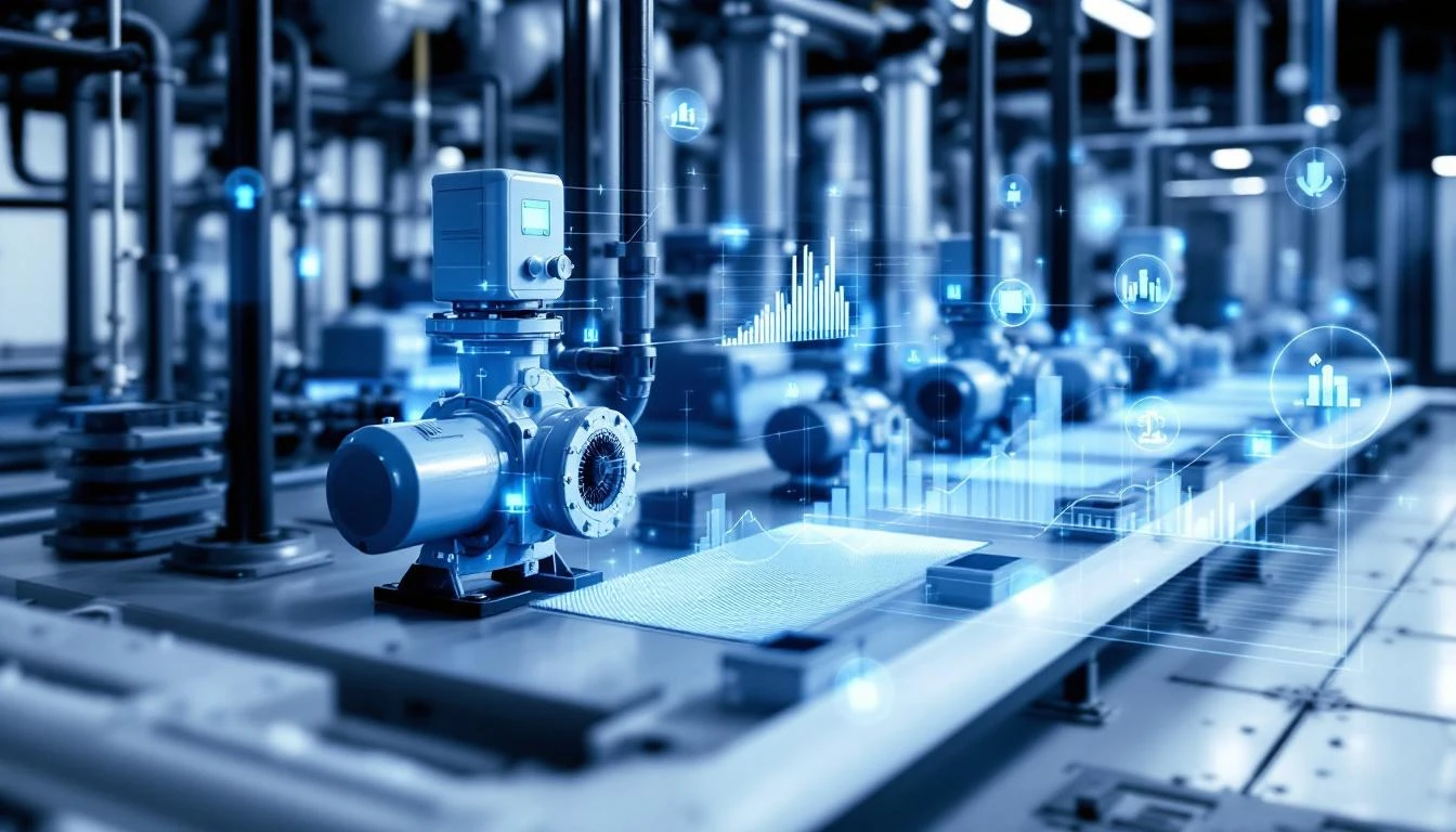 Water treatment plant with IoT sensors monitoring pumps and filtration systems