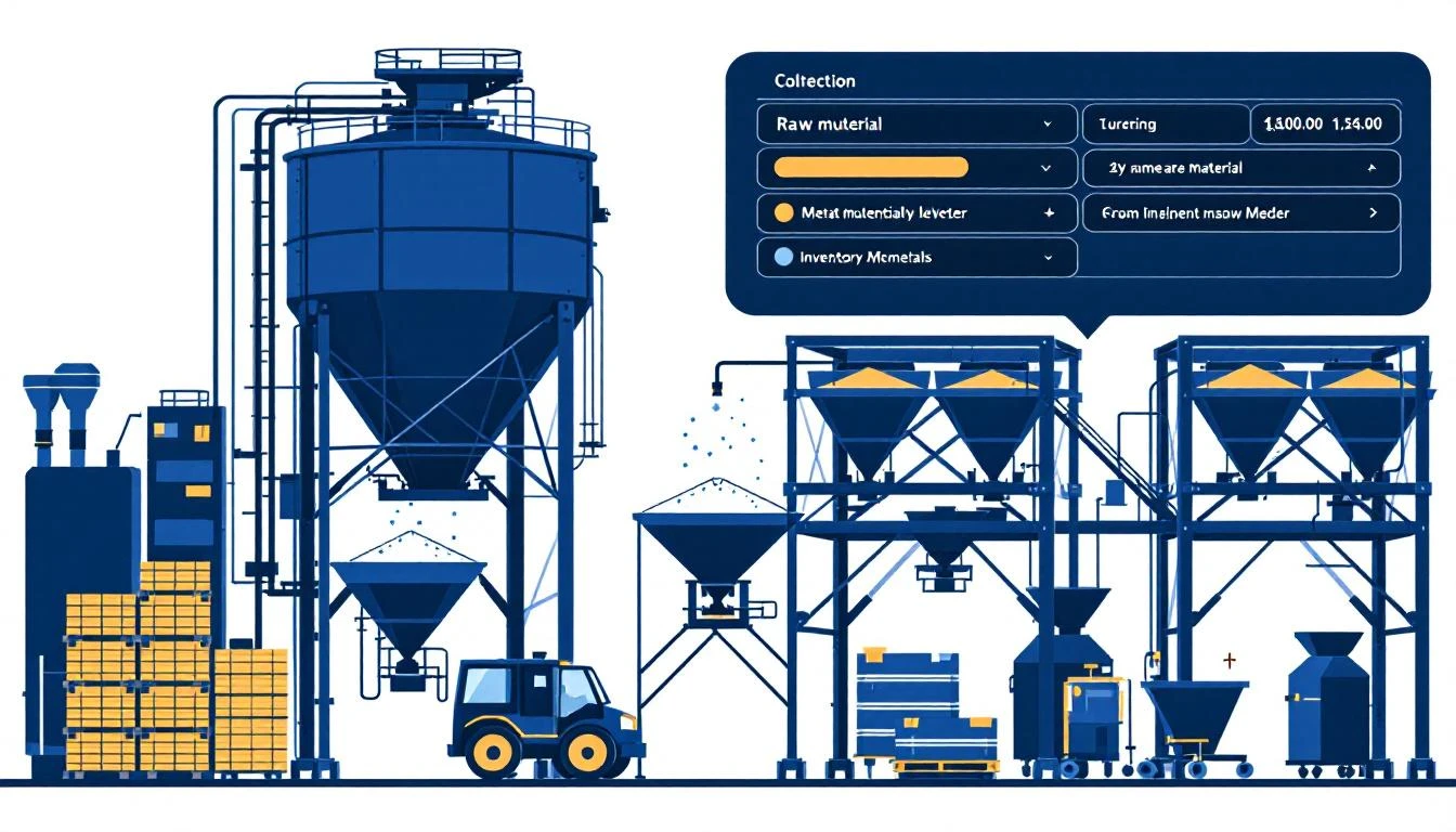 Raw material inventory tracking with bins and hoppers in manufacturing
