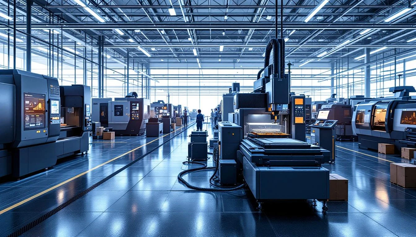 Factory floor with IoT sensor-equipped CNC machines and production equipment