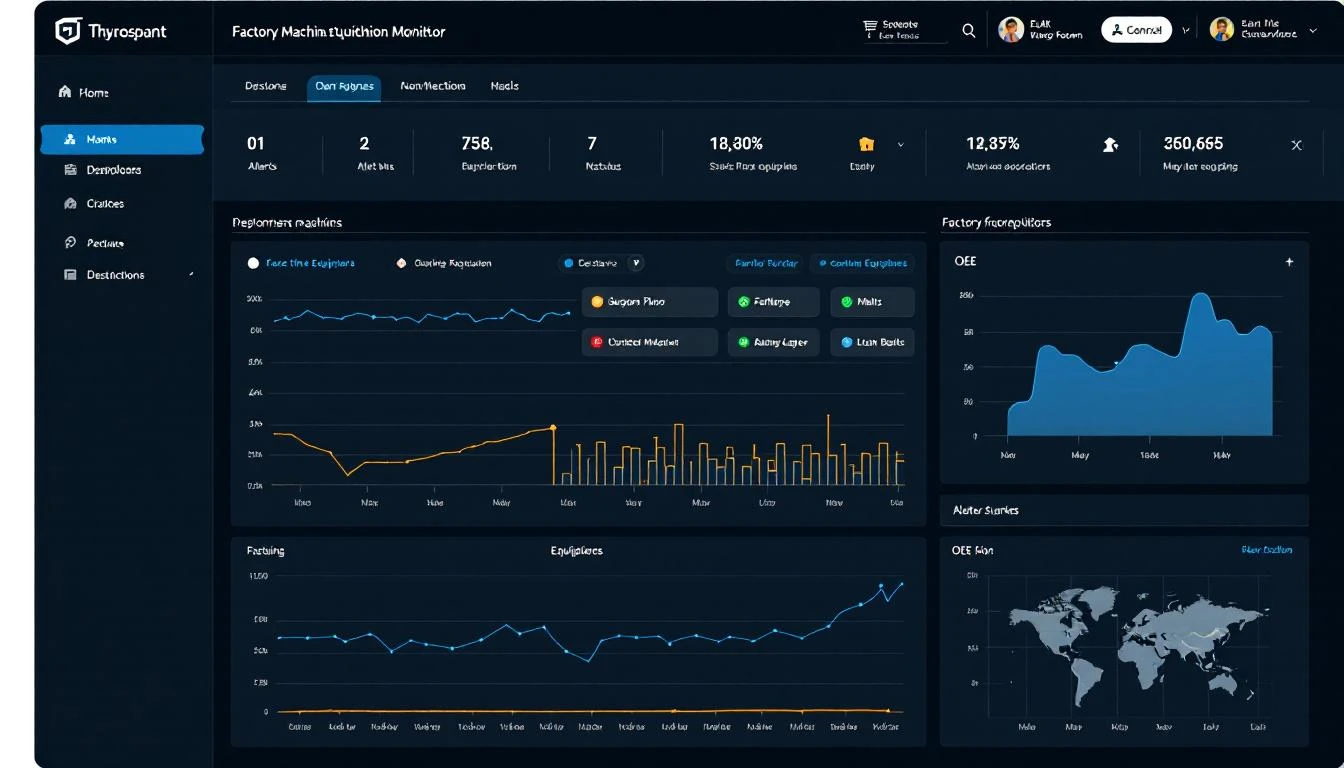 Machine monitoring software dashboard showing real-time factory equipment status