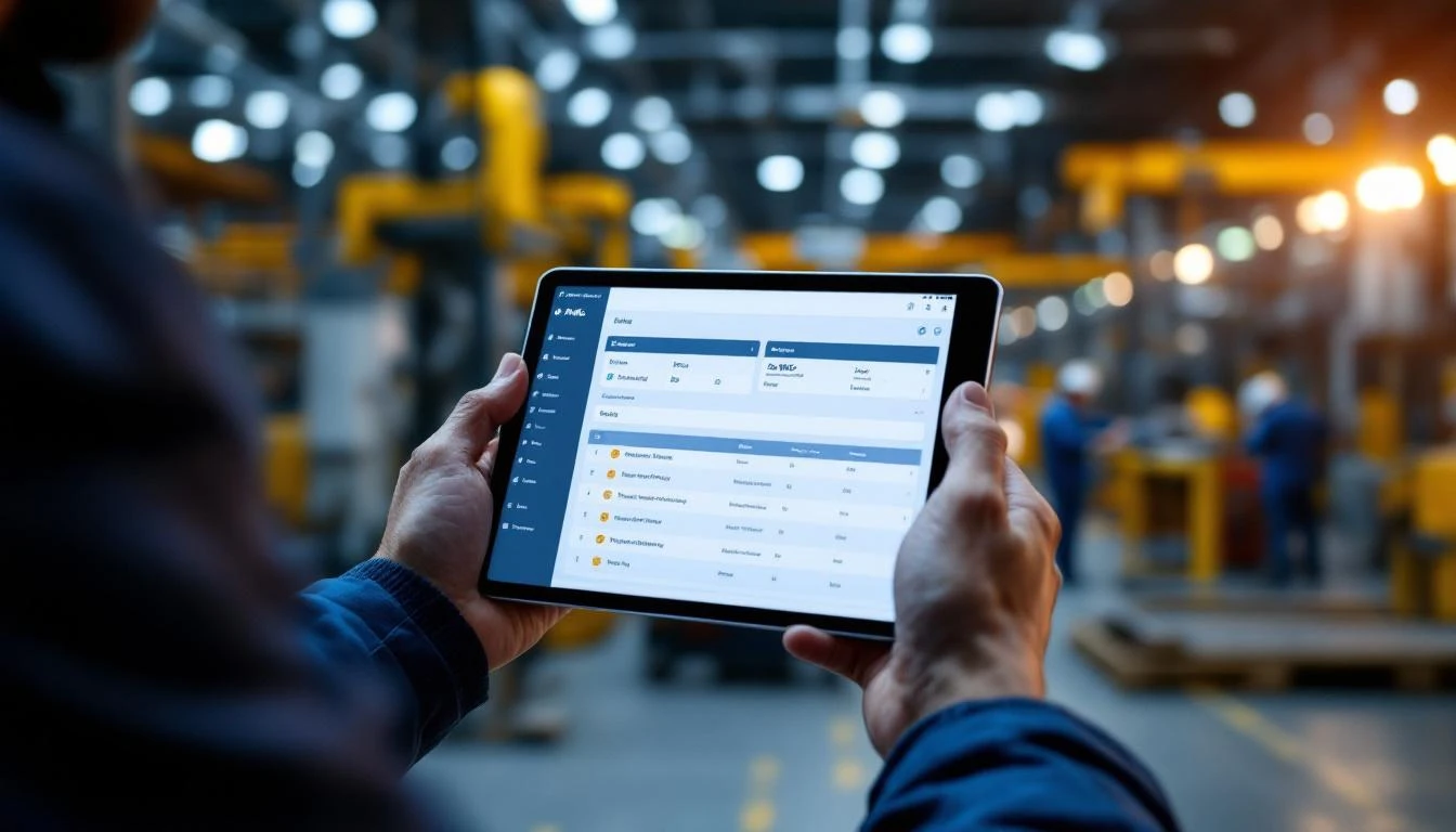 Mobile CMMS application on tablet showing maintenance work orders in factory setting