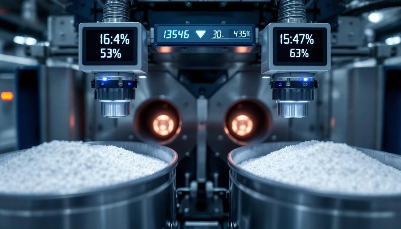 Resin hoppers and material handling systems with IoT monitoring sensors and digital level indicators