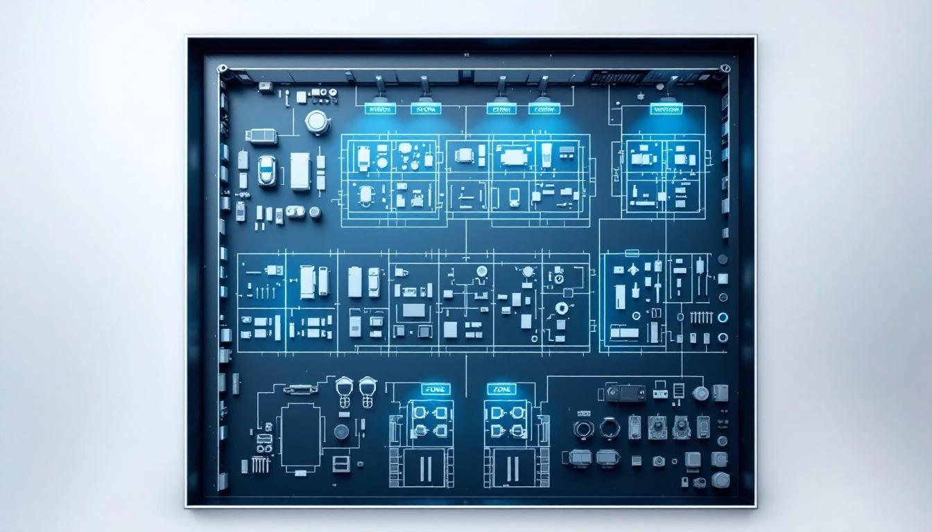 Factory floor divided into organized monitoring zones for machine management
