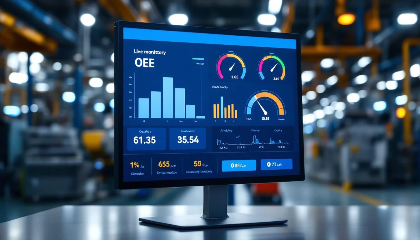 Real-time OEE metrics with availability performance quality gauges on factory floor display