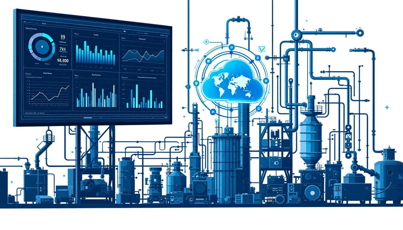 IoT sensors monitoring legacy manufacturing equipment with data flowing to cloud analytics