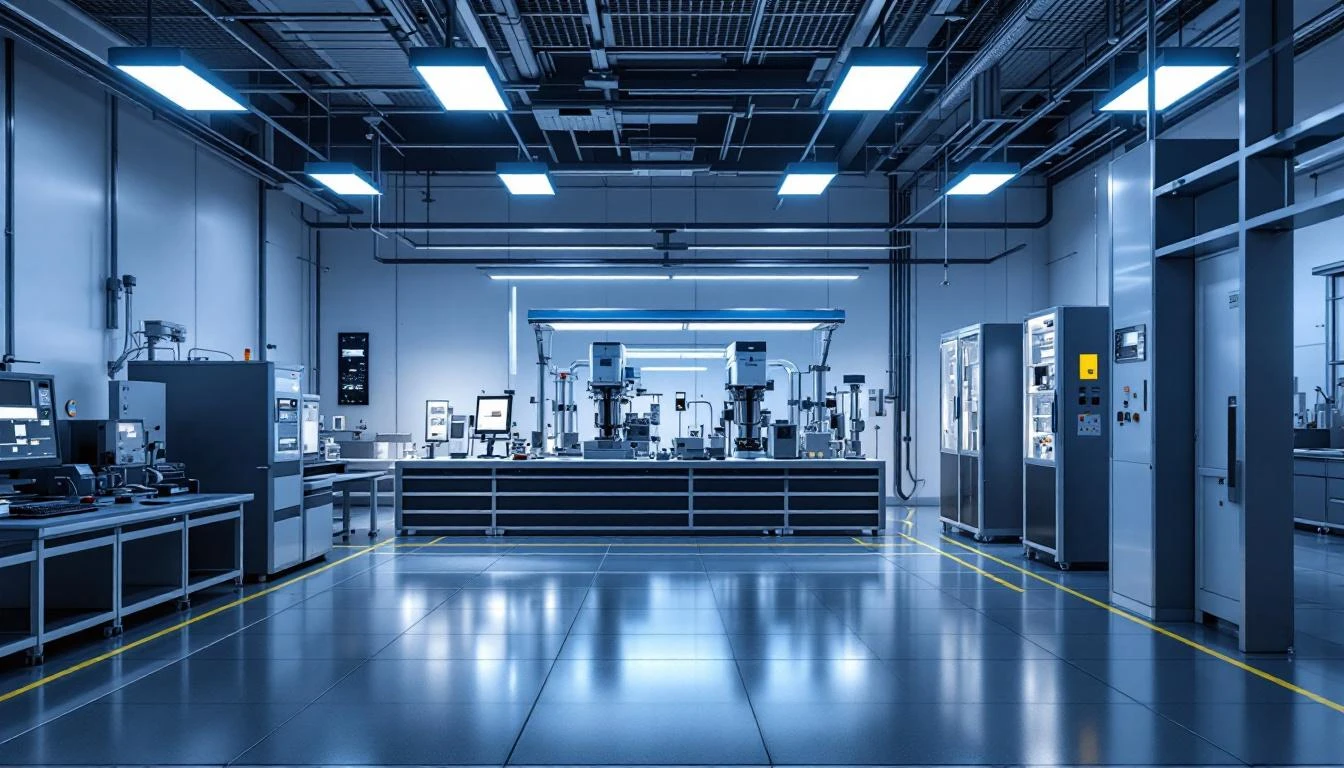 Pharmaceutical manufacturing cleanroom with automated production equipment and GMP compliance monitoring systems