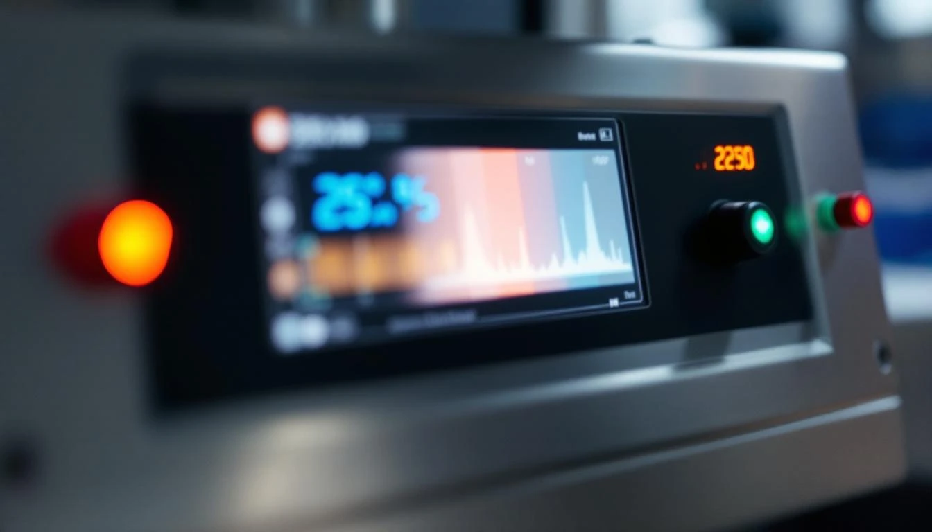 Pharmaceutical manufacturing equipment with temperature and humidity monitoring sensors showing real-time environmental data