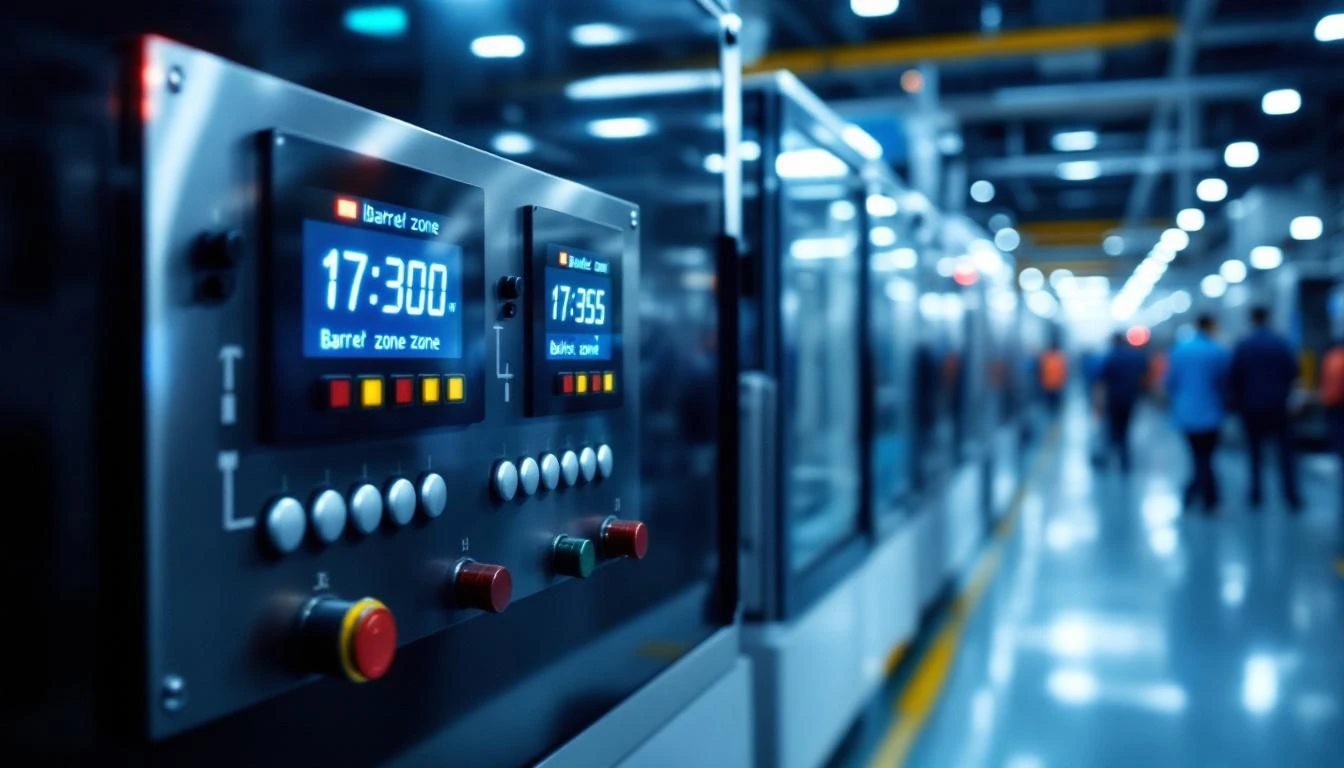 IoT monitoring dashboard for injection molding machine showing barrel zone temperatures and cycle metrics