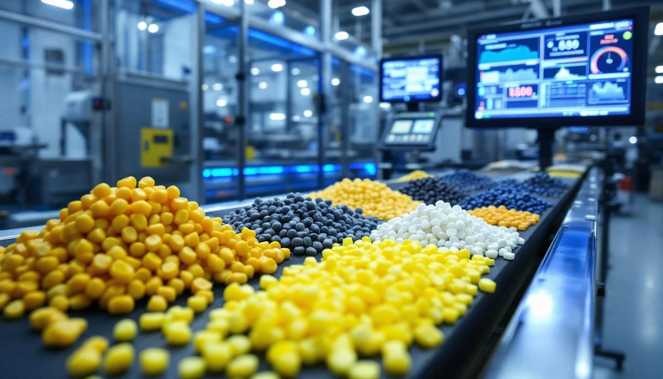 Quality control station in plastics manufacturing facility with real-time monitoring displays