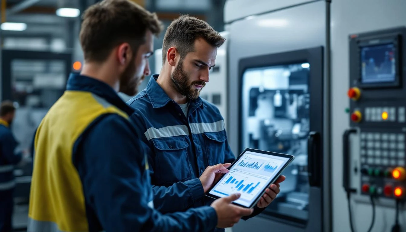 Maintenance team analyzing machine data on factory floor