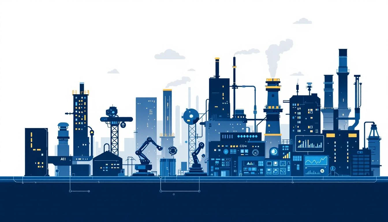 Smart factory concept with interconnected industrial systems and AI analytics