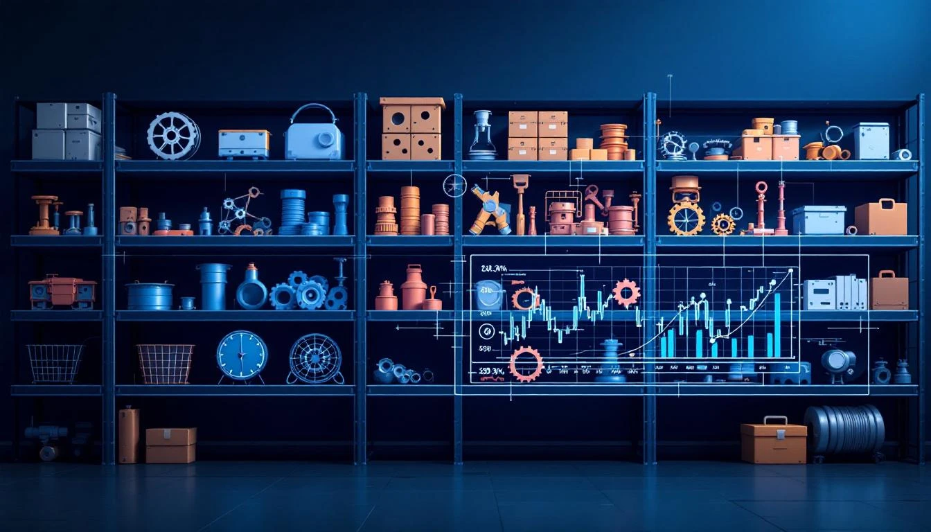 Industrial spare parts inventory management system with shelves of components and digital tracking overlay
