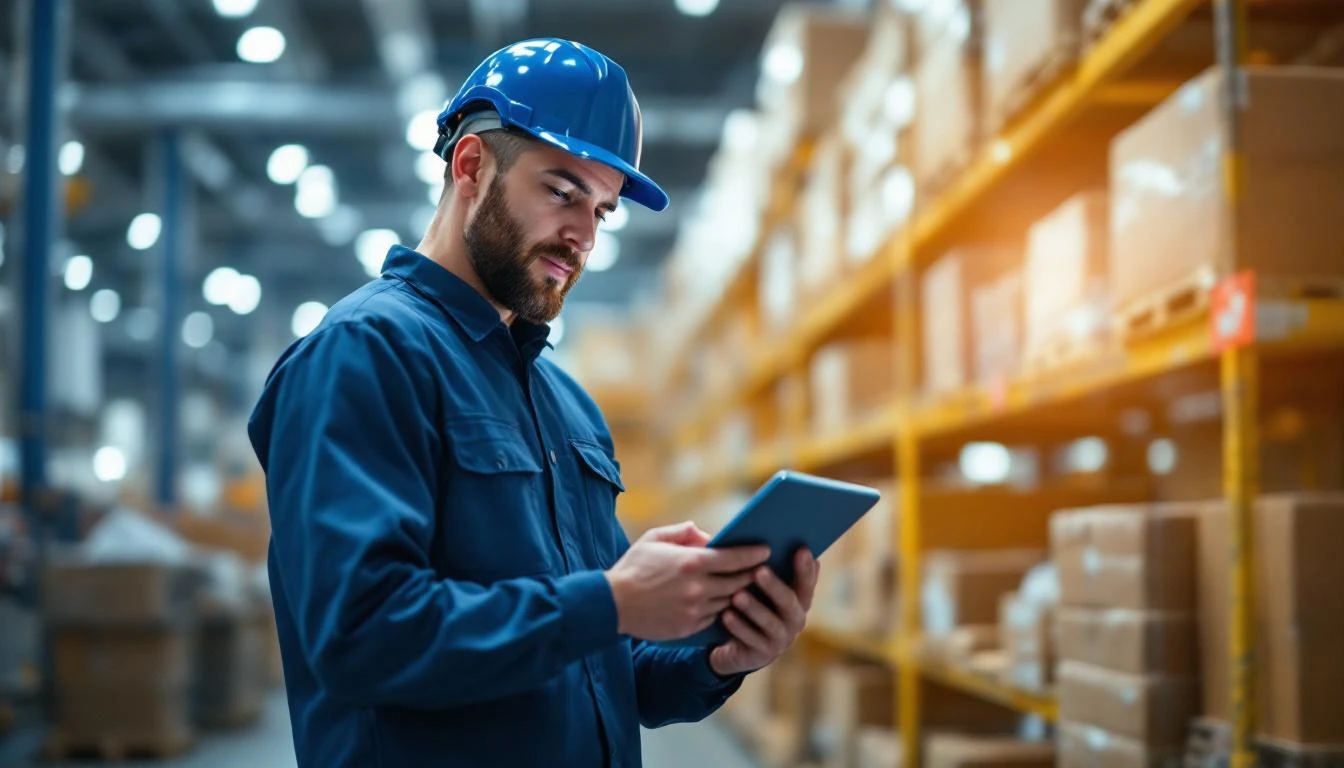 Maintenance technician using tablet to check spare parts inventory in factory warehouse