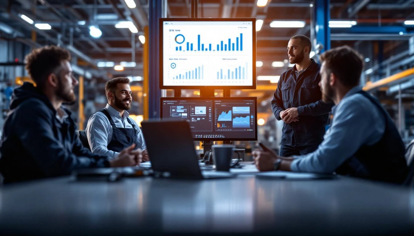 Maintenance team reviewing OEE data on manufacturing floor screens