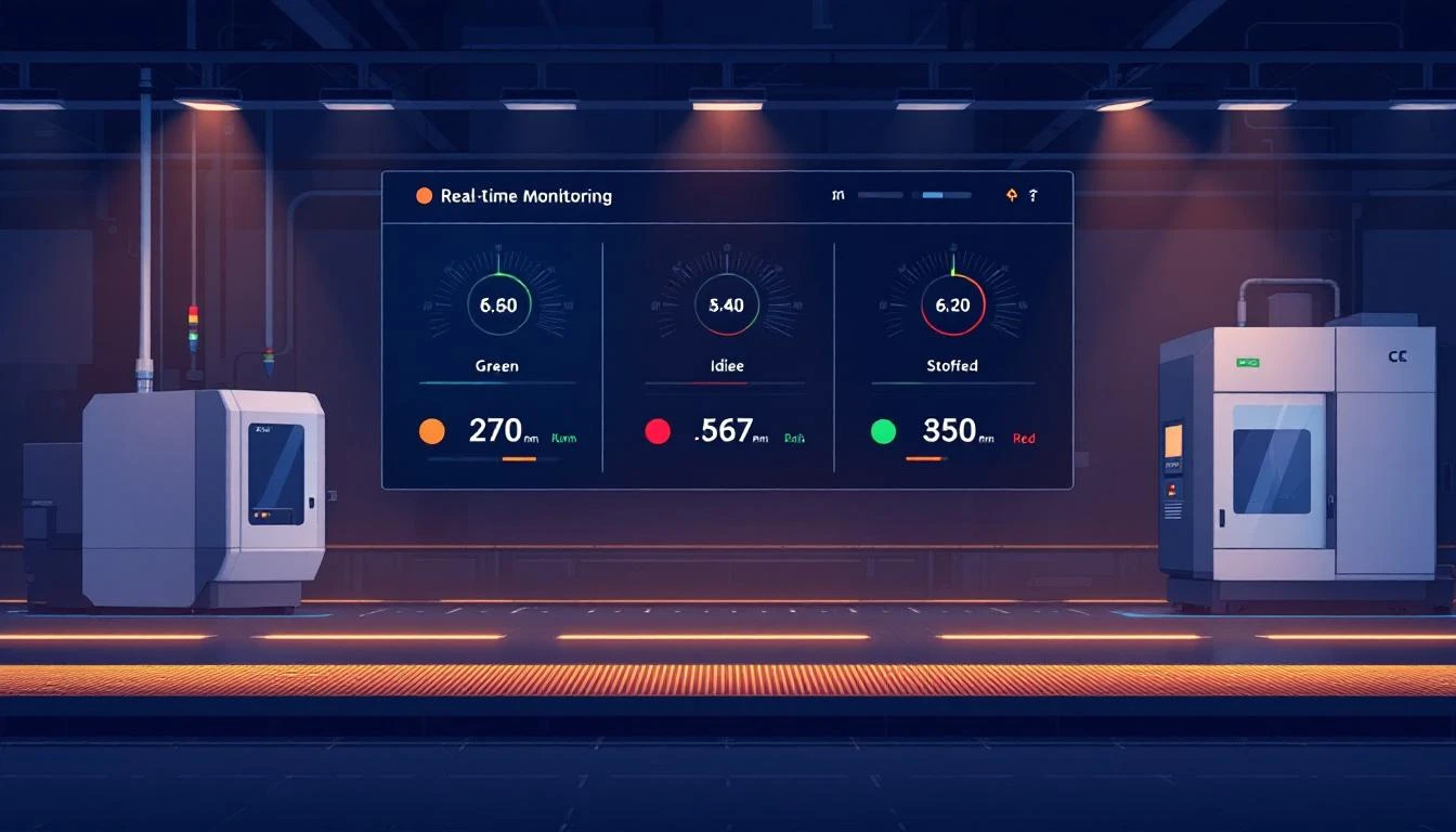 Factory floor with CNC machines showing real-time status indicators